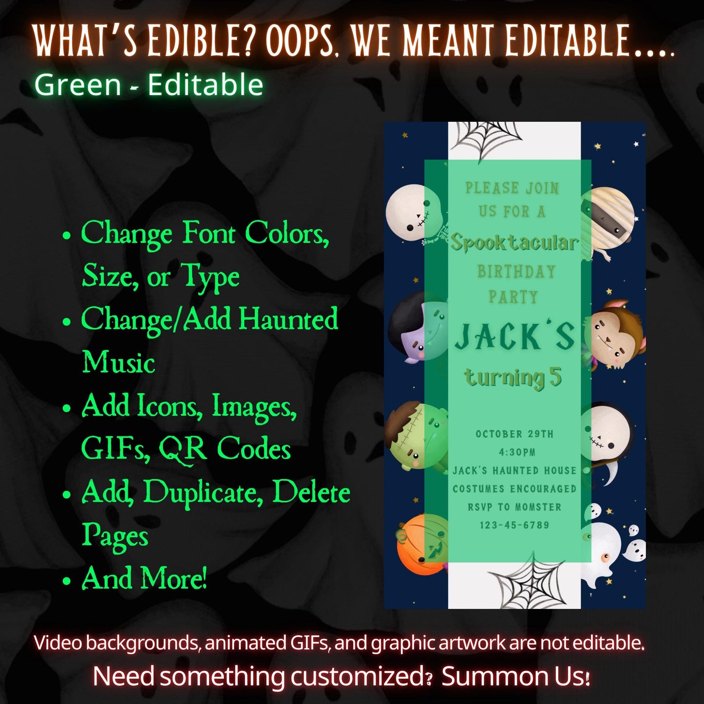Editable Halloween video invitation with animated theme, customizable in Canva. Perfect for party invites.
