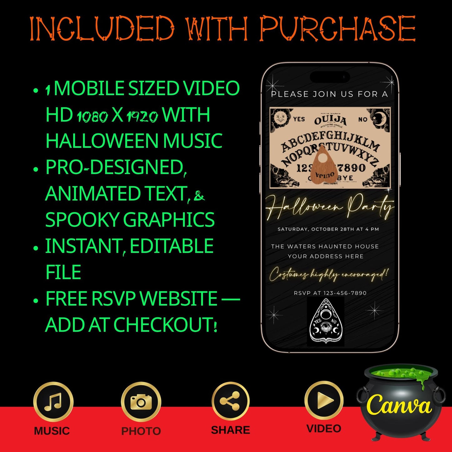 Editable Halloween video invitation with animated theme, customizable in Canva. Perfect for party invites.
