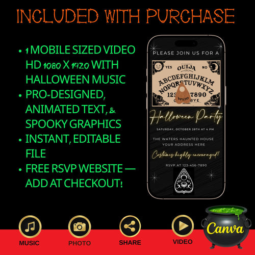 Editable Halloween video invitation with animated theme, customizable in Canva. Perfect for party invites.