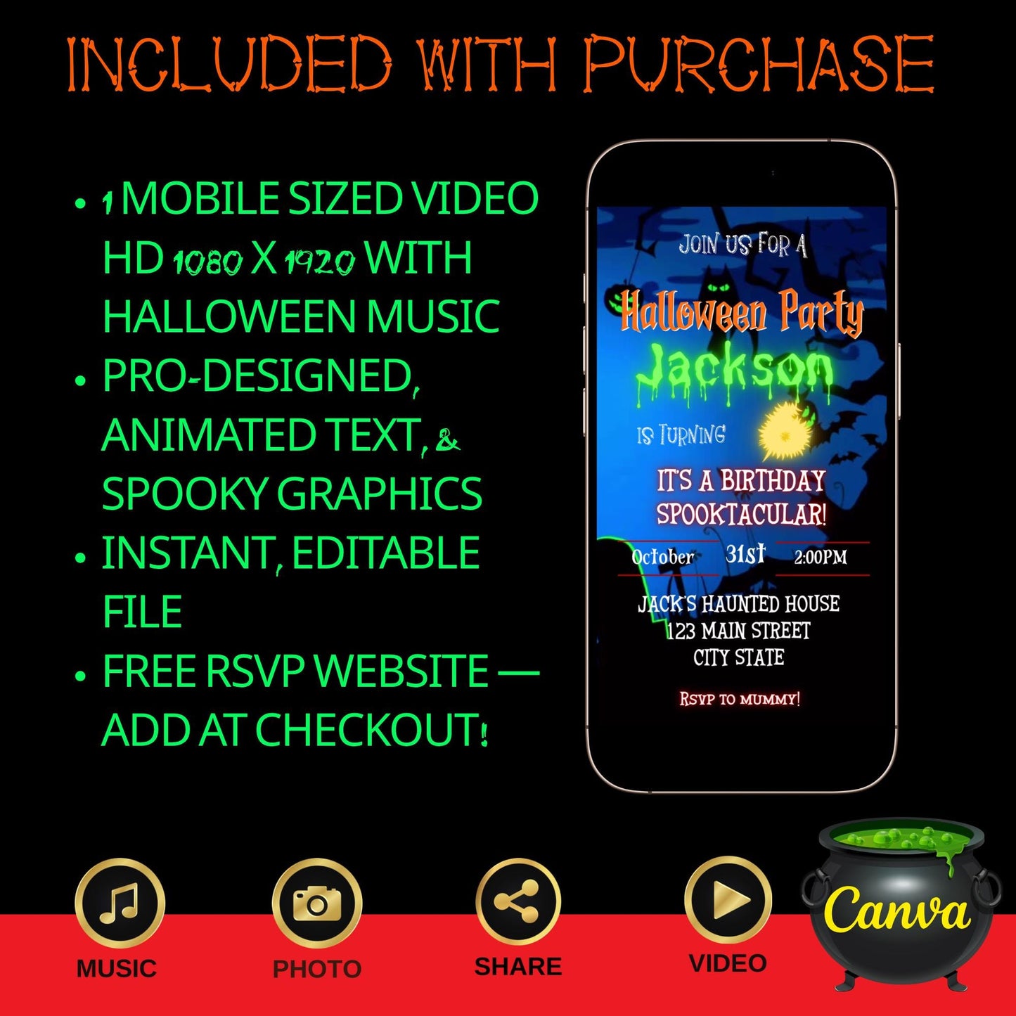 Editable Halloween video invitation with animated theme, customizable in Canva. Perfect for party invites.