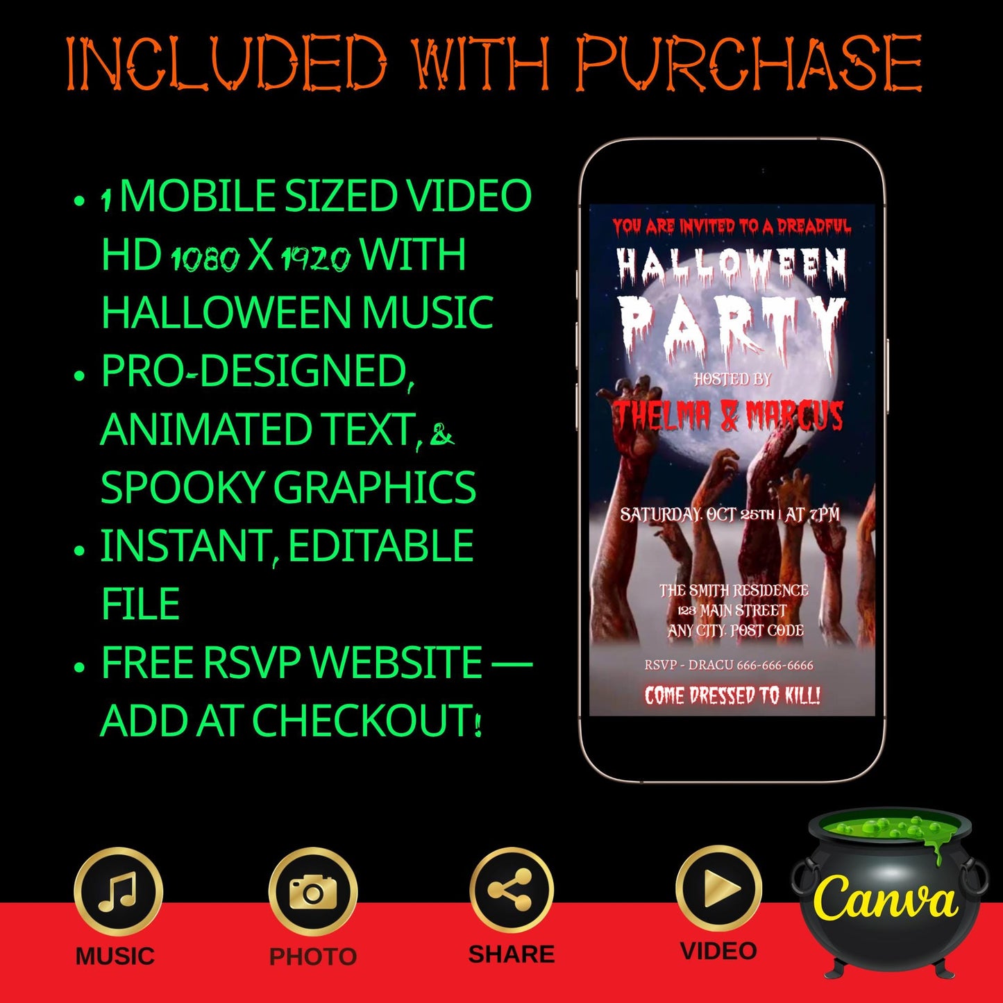 Editable Halloween video invitation with animated theme, customizable in Canva. Perfect for party invites.