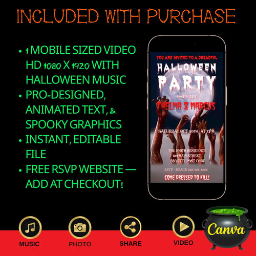 Editable Halloween video invitation with animated theme, customizable in Canva. Perfect for party invites.