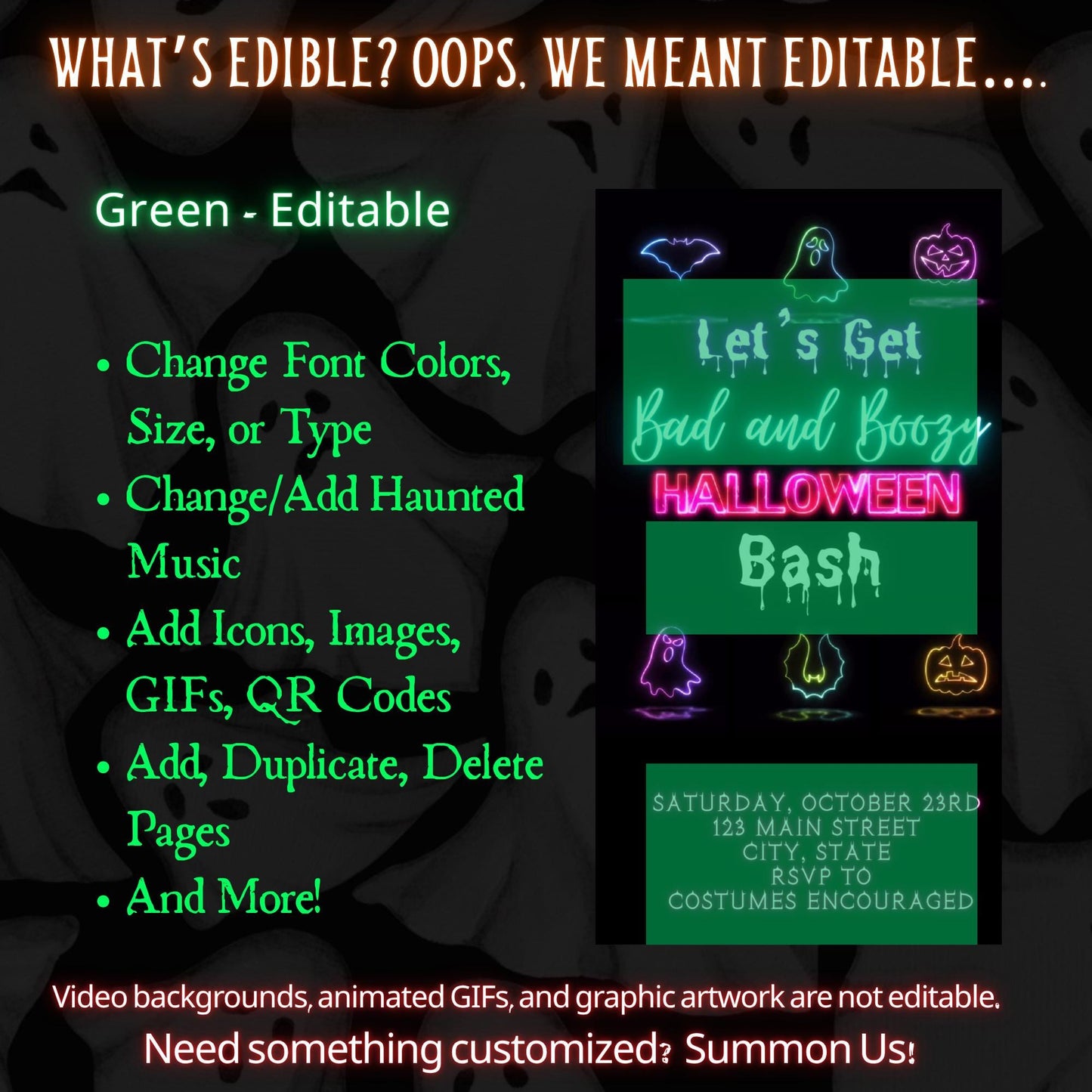 Editable Halloween video invitation with animated theme, customizable in Canva. Perfect for party invites.