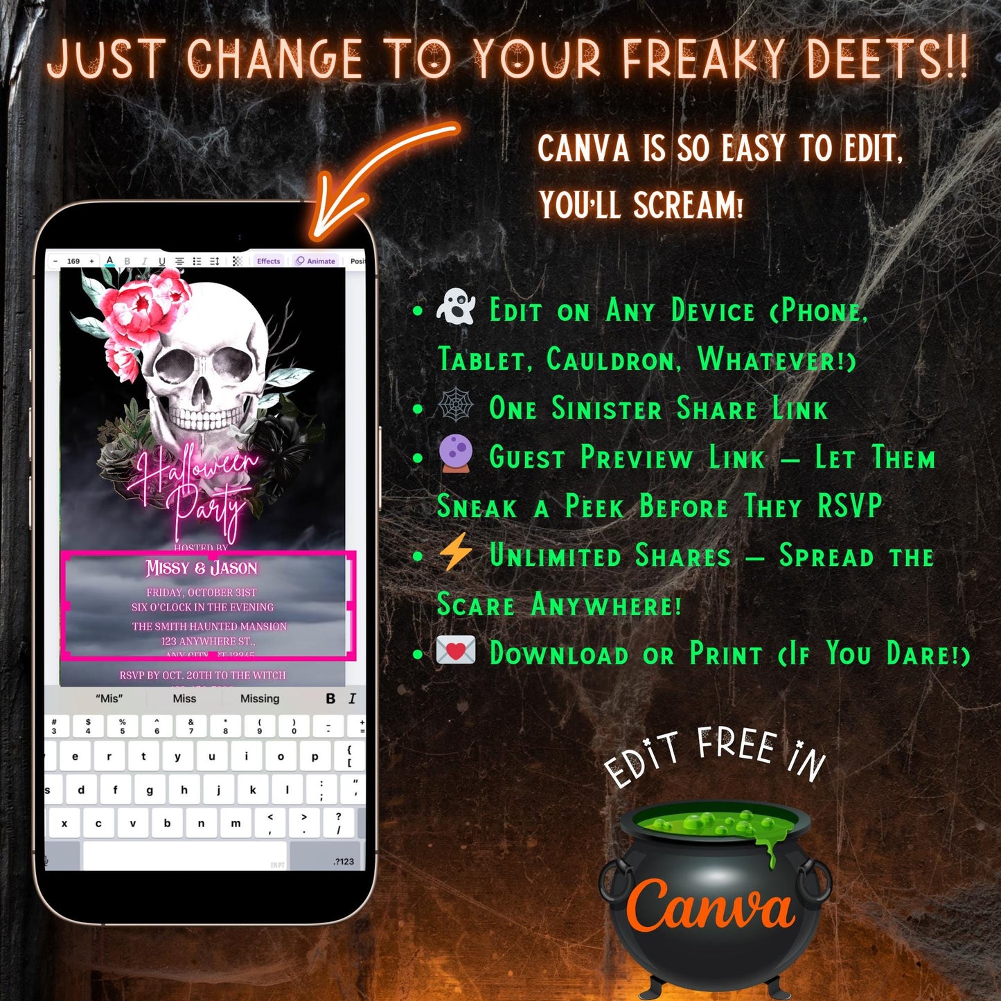 Editable Halloween video invitation with animated theme, customizable in Canva. Perfect for party invites.