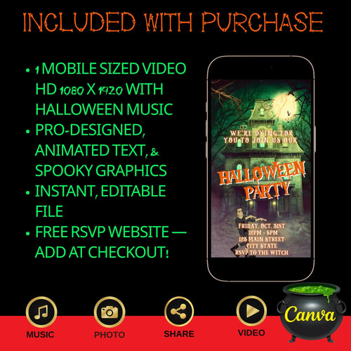Editable Halloween video invitation with animated theme, customizable in Canva. Perfect for party invites.
