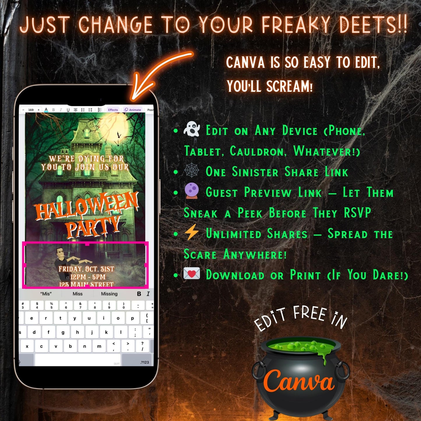 Editable Halloween video invitation with animated theme, customizable in Canva. Perfect for party invites.