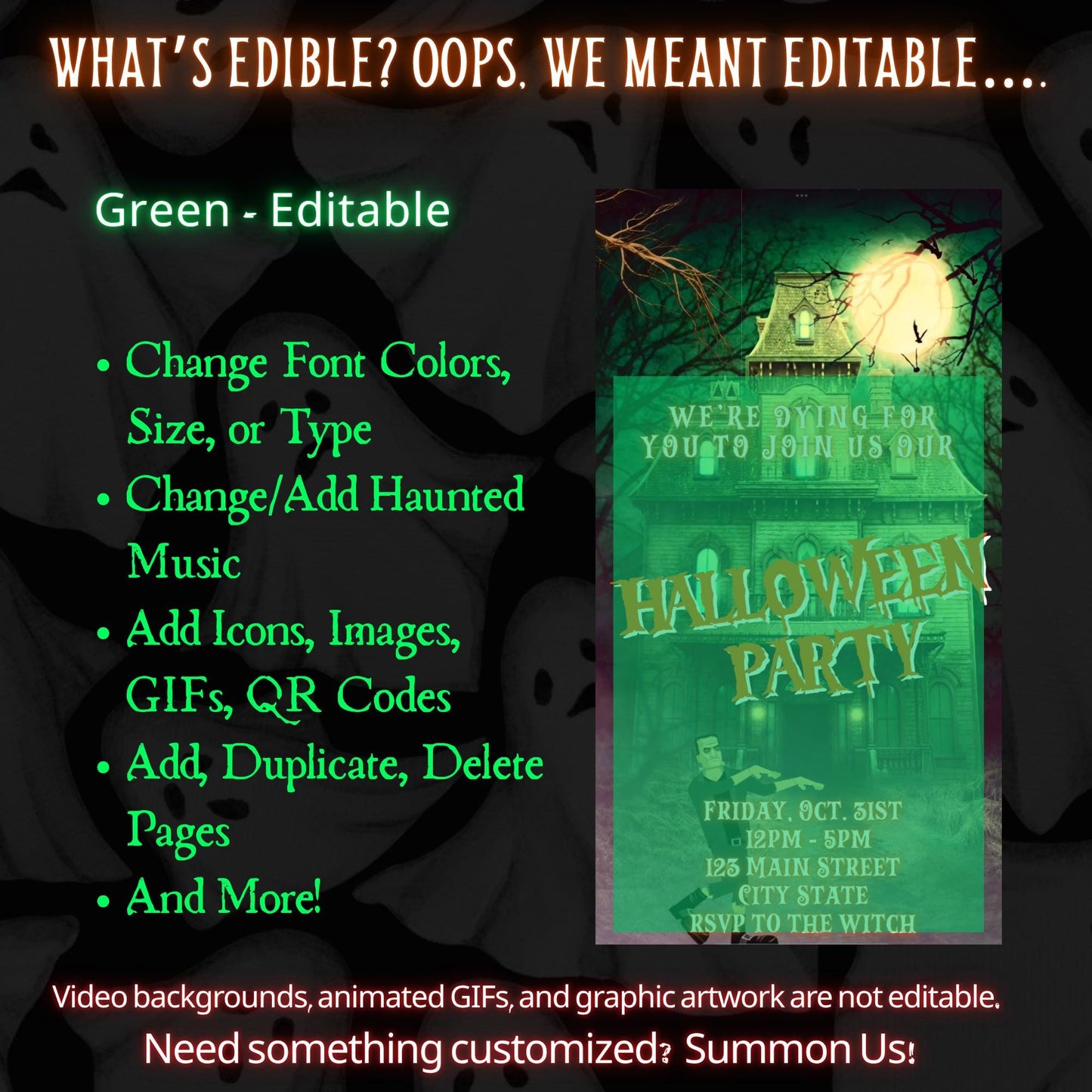 Editable Halloween video invitation with animated theme, customizable in Canva. Perfect for party invites.