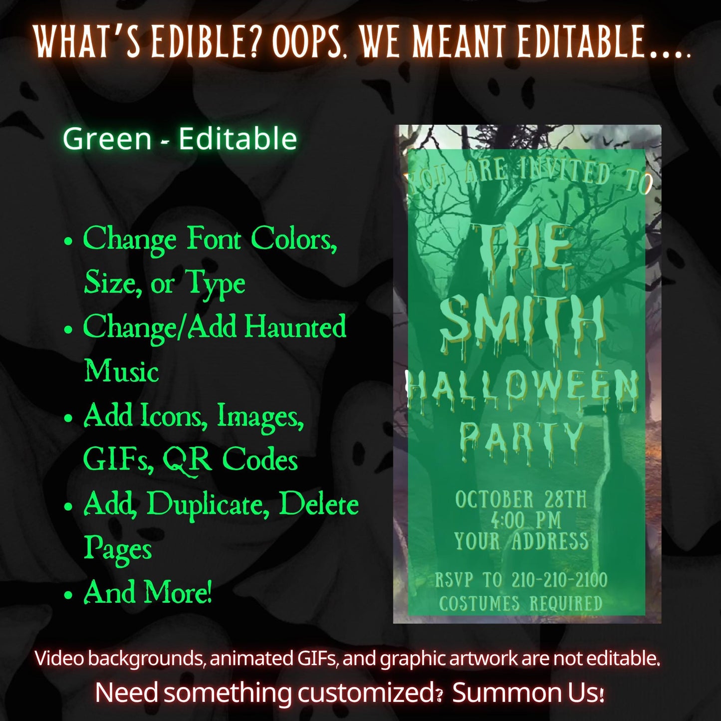 Editable Halloween video invitation with animated theme, customizable in Canva. Perfect for party invites.