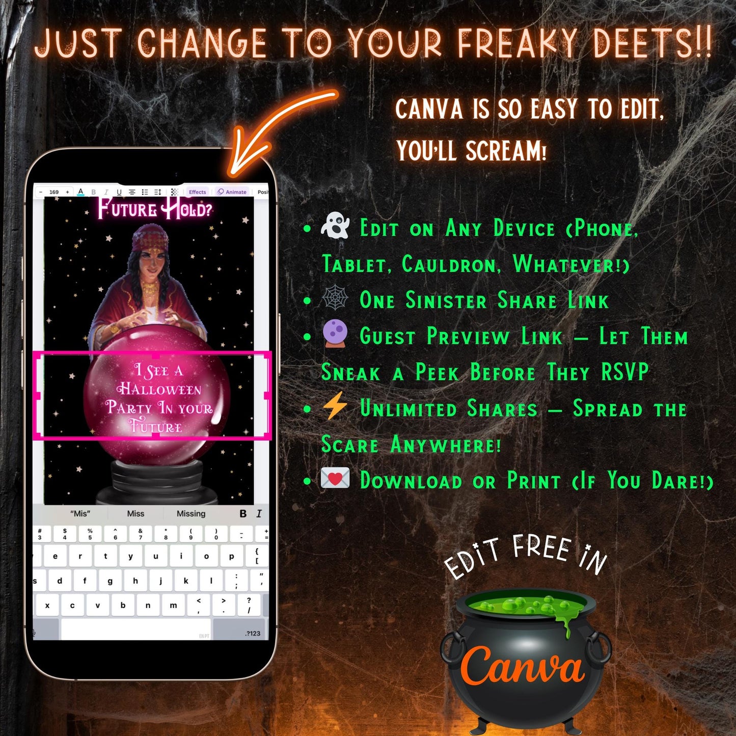 Editable Halloween video invitation with animated theme, customizable in Canva. Perfect for party invites.