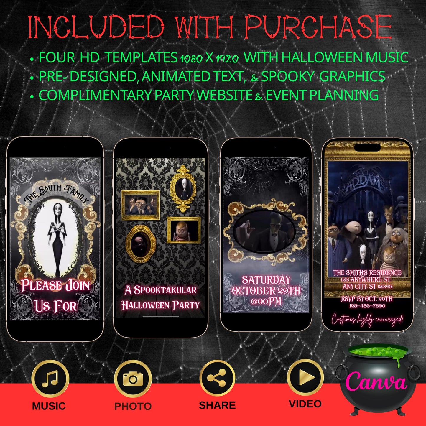 Editable Halloween video invitation with animated theme, customizable in Canva. Perfect for party invites.
