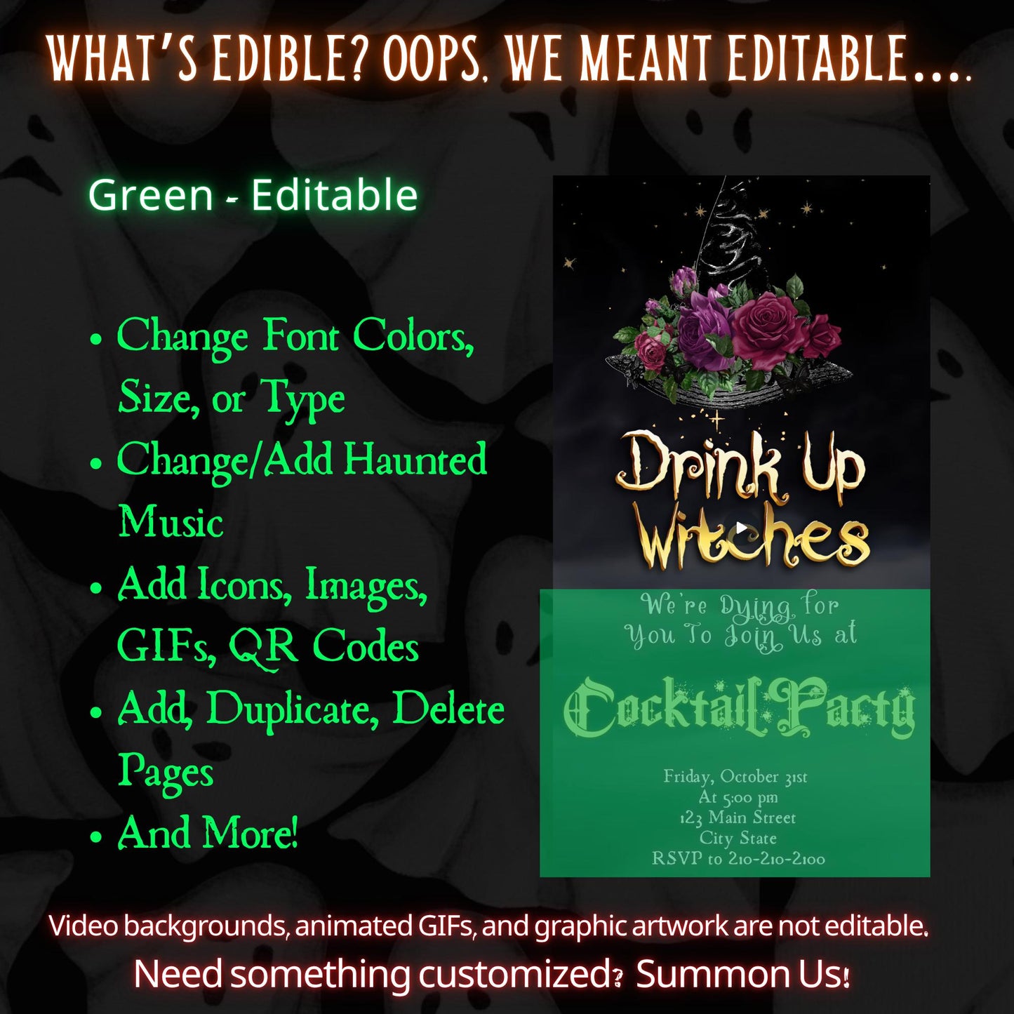 Editable Halloween video invitation with animated theme, customizable in Canva. Perfect for party invites.