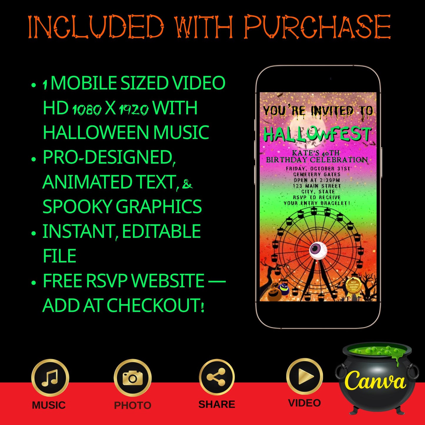 Editable Halloween video invitation with animated theme, customizable in Canva. Perfect for party invites.