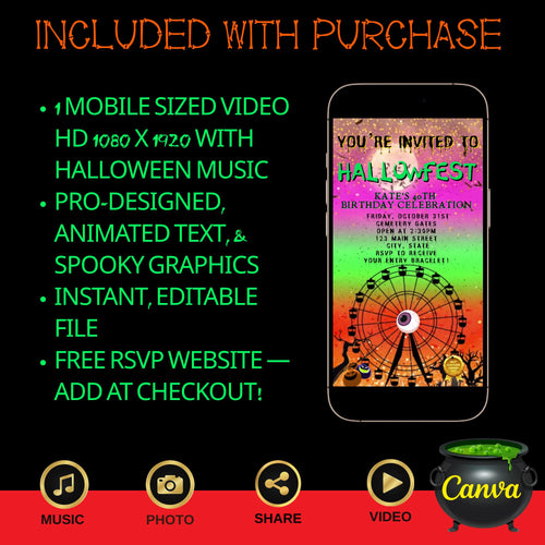 Editable Halloween video invitation with animated theme, customizable in Canva. Perfect for party invites.