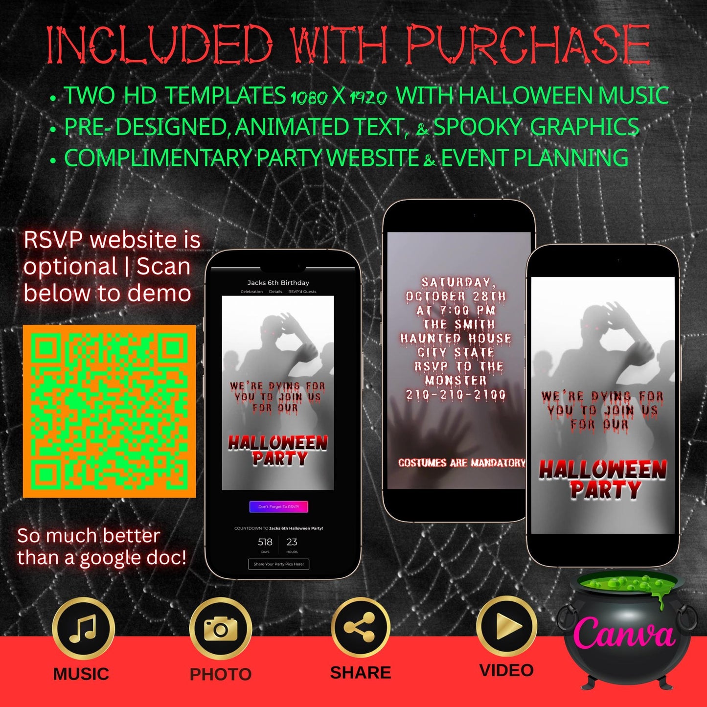 Editable Halloween video invitation with animated theme, customizable in Canva. Perfect for party invites.