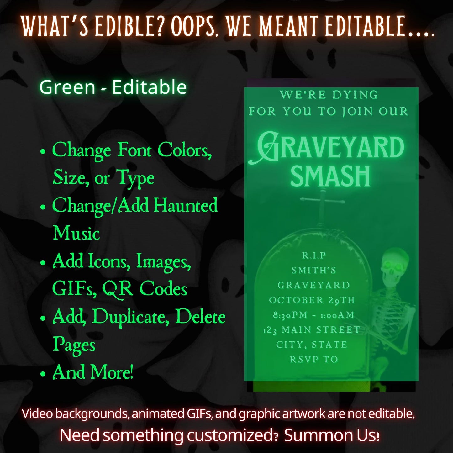 Editable Halloween video invitation with animated theme, customizable in Canva. Perfect for party invites.