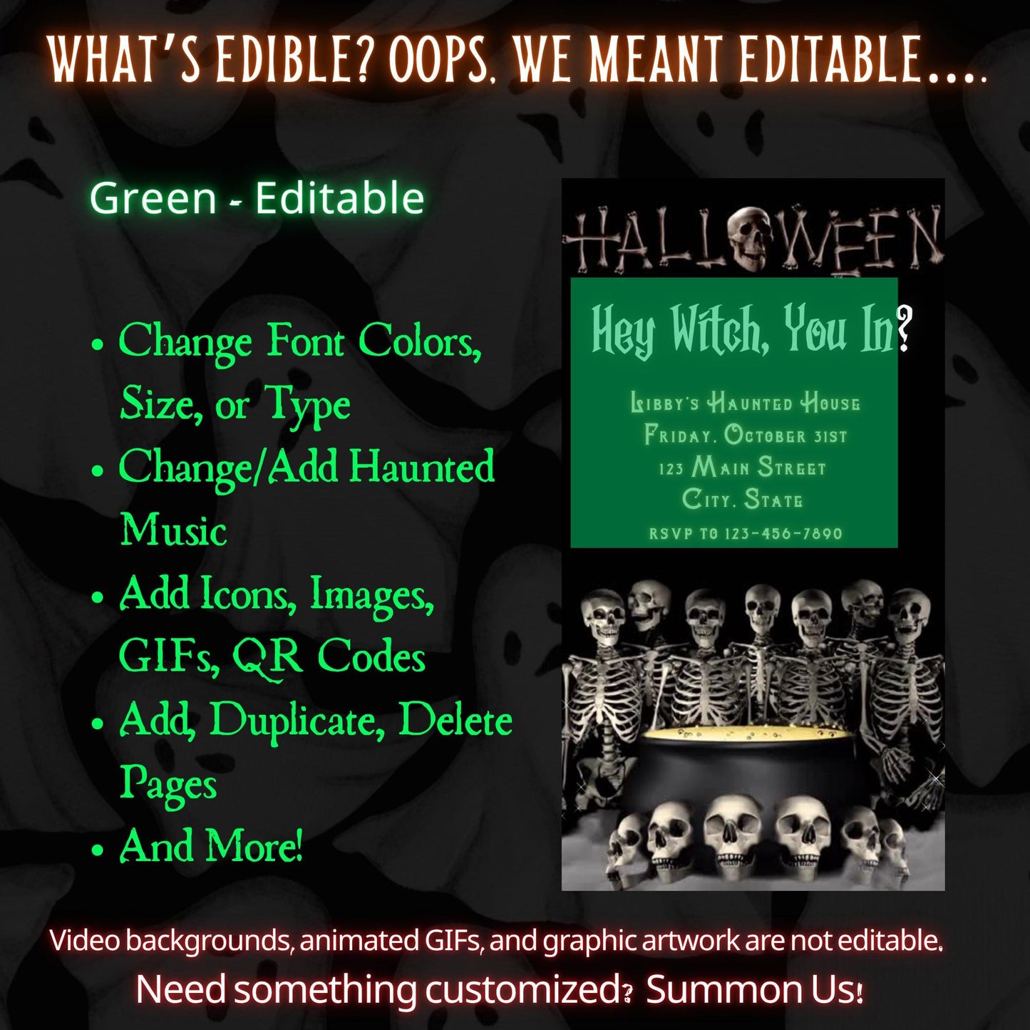 Editable Halloween video invitation with animated theme, customizable in Canva. Perfect for party invites.