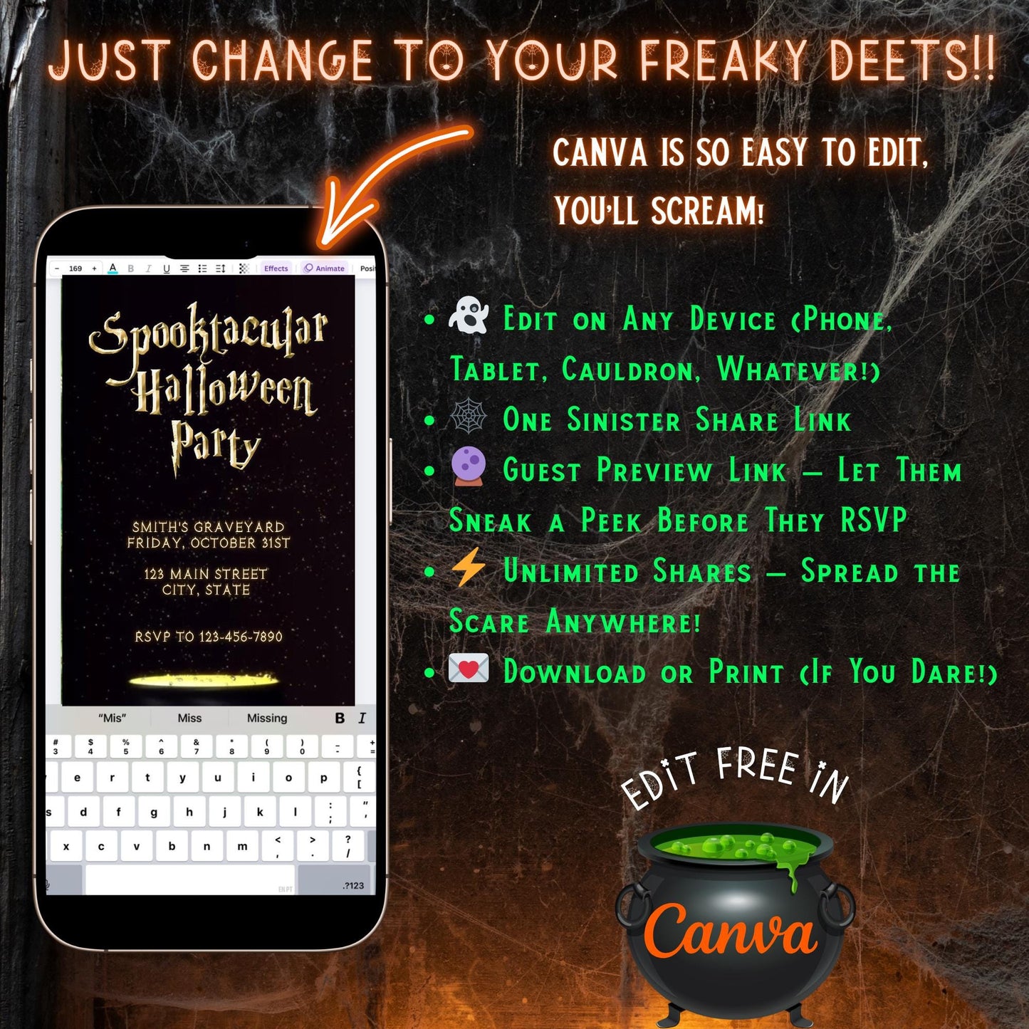 Editable Halloween video invitation with animated theme, customizable in Canva. Perfect for party invites.