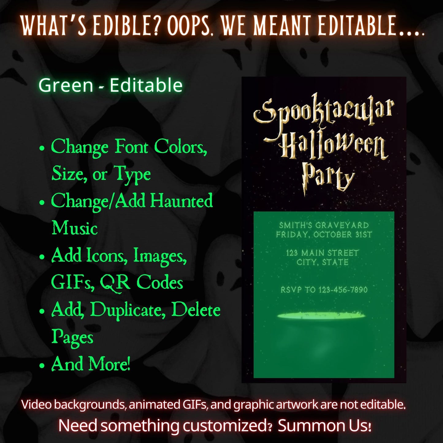 Editable Halloween video invitation with animated theme, customizable in Canva. Perfect for party invites.