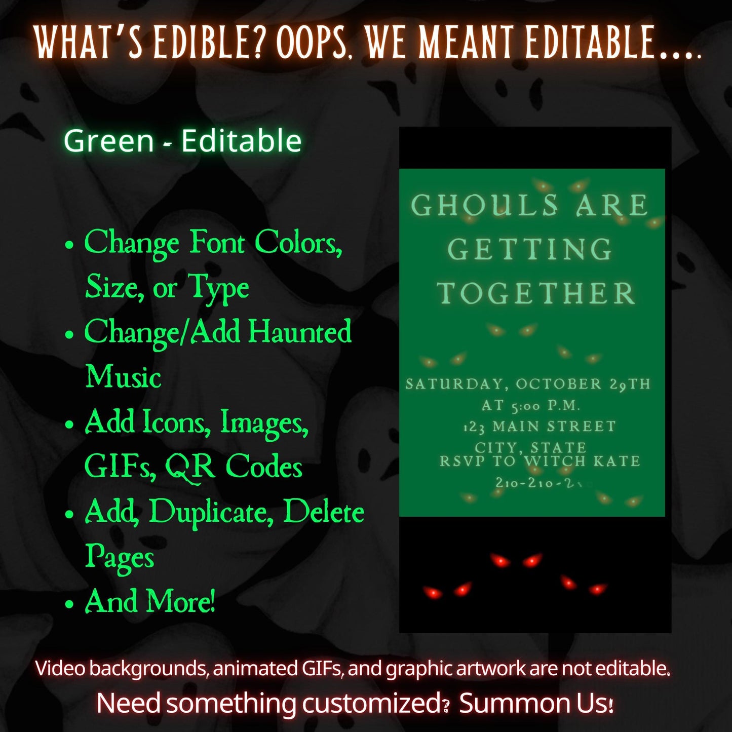 Editable Halloween video invitation with animated theme, customizable in Canva. Perfect for party invites.