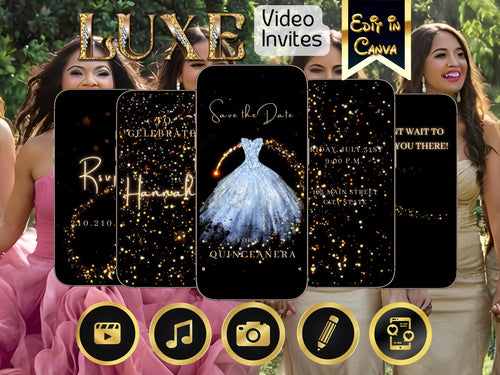 Editable Quinceañera invitation video template designed for mobile phones. Includes animated text, music, and photo customization. Perfect for Sweet 15 or Sweet 16 birthdays. Share instantly via text, WhatsApp, email, or social media. A beautiful, stunning design ideal for modern celebrations. Delivered as MP4 download—no physical item.