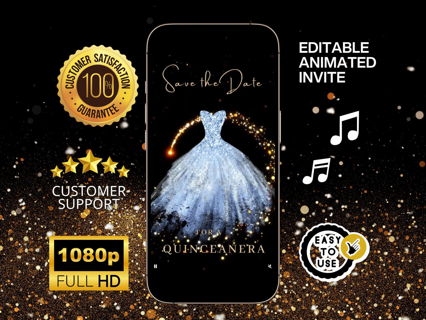 Editable Quinceañera invitation video template designed for mobile phones. Includes animated text, music, and photo customization. Perfect for Sweet 15 or Sweet 16 birthdays. Share instantly via text, WhatsApp, email, or social media. A beautiful, stunning design ideal for modern celebrations. Delivered as MP4 download—no physical item.