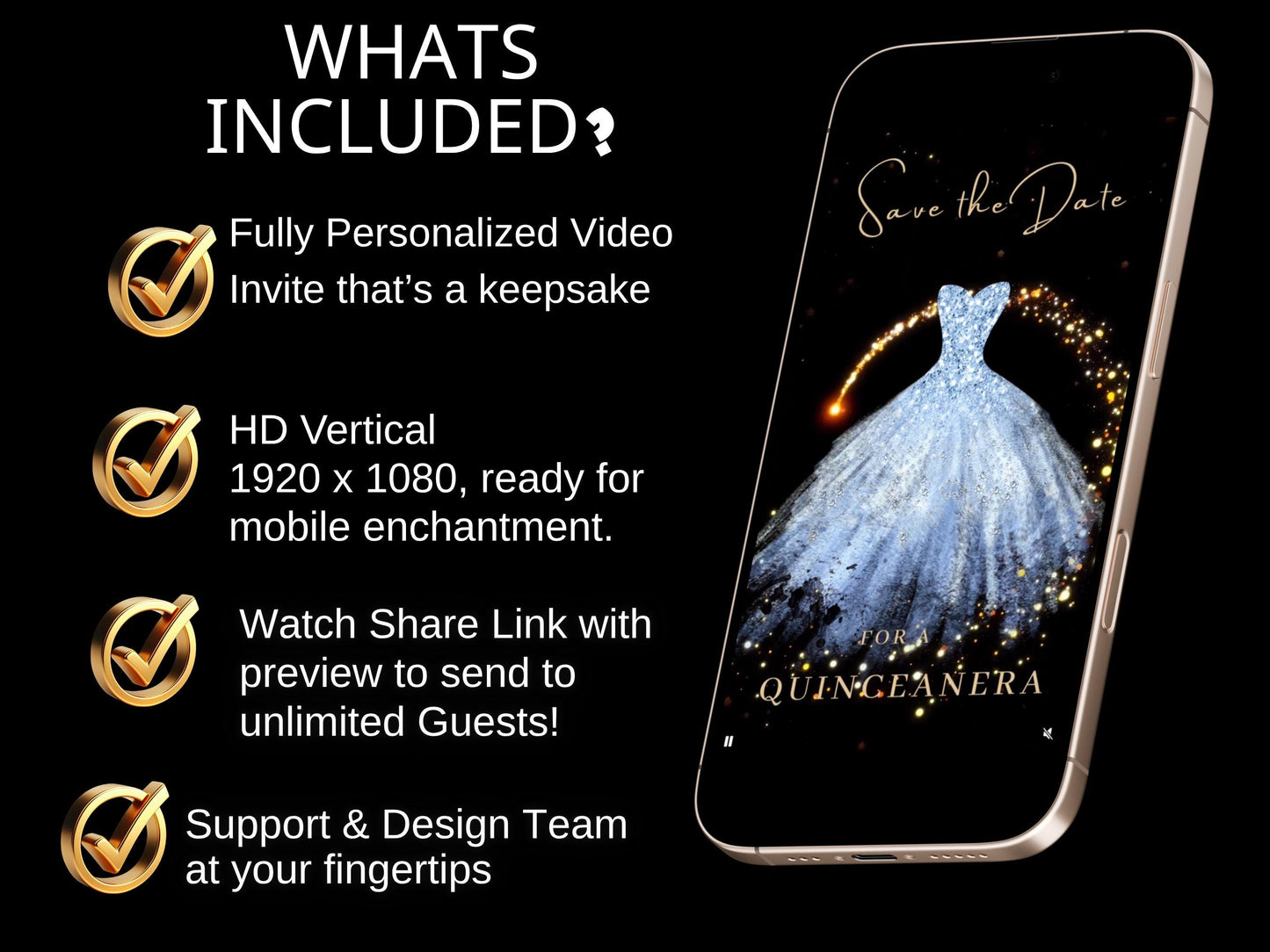 Editable Quinceañera invitation video template designed for mobile phones. Includes animated text, music, and photo customization. Perfect for Sweet 15 or Sweet 16 birthdays. Share instantly via text, WhatsApp, email, or social media. A beautiful, stunning design ideal for modern celebrations. Delivered as MP4 download—no physical item.