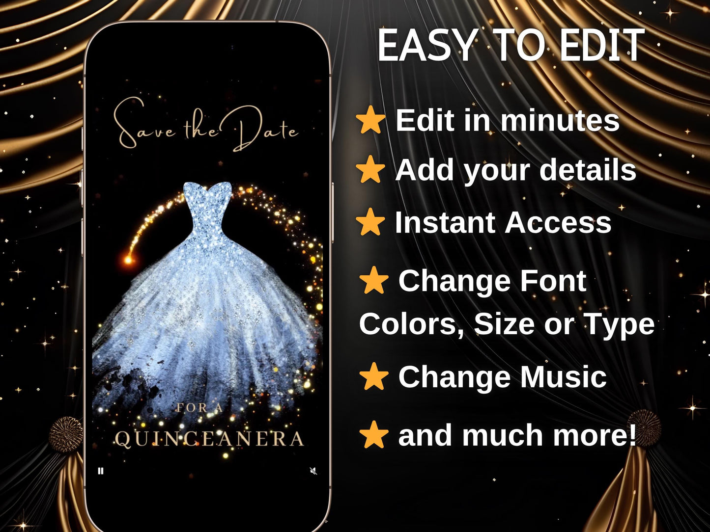 Editable Quinceañera invitation video template designed for mobile phones. Includes animated text, music, and photo customization. Perfect for Sweet 15 or Sweet 16 birthdays. Share instantly via text, WhatsApp, email, or social media. A beautiful, stunning design ideal for modern celebrations. Delivered as MP4 download—no physical item.