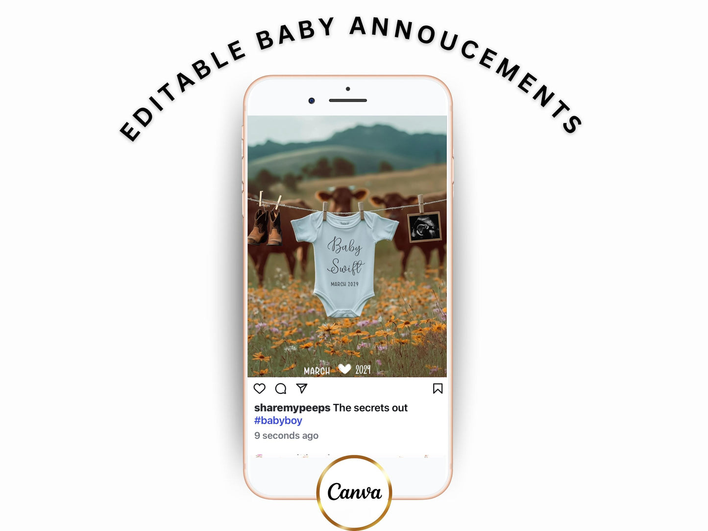 Western Pregnancy Announcement - Baby Reveal Sonogram Social Media Post - Onesie Clothesline