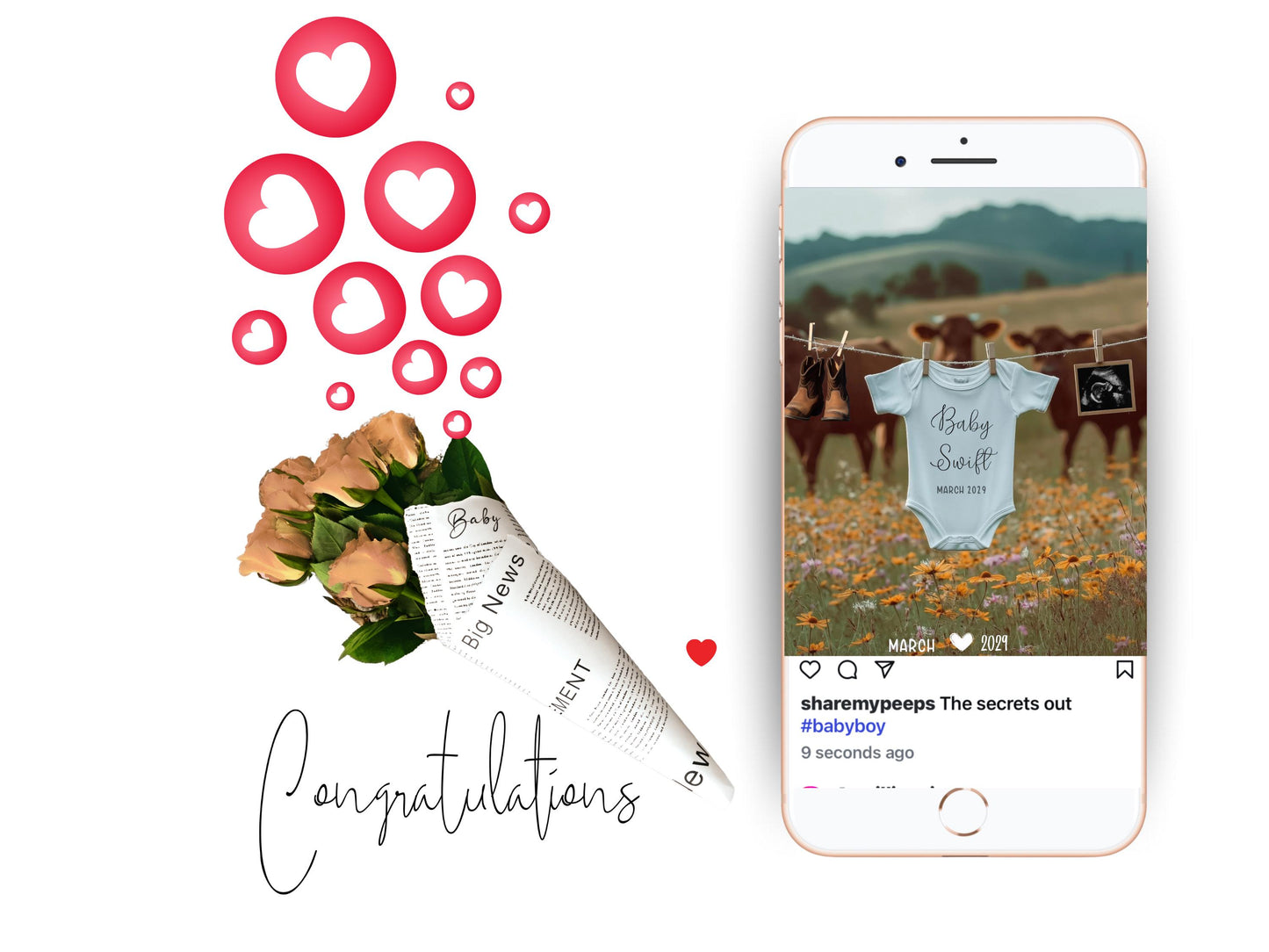 Western Pregnancy Announcement - Baby Reveal Sonogram Social Media Post - Onesie Clothesline
