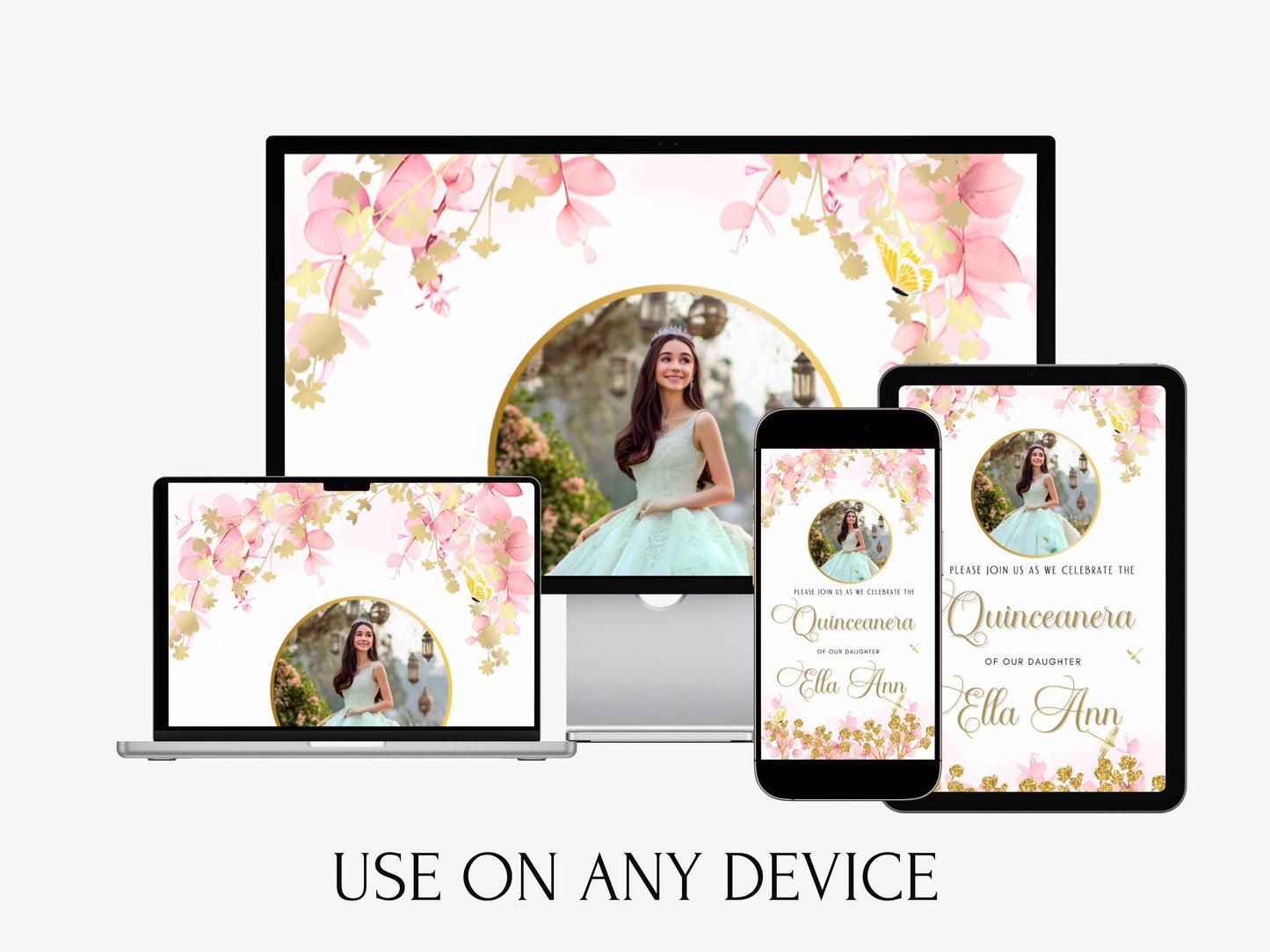 Editable Quinceañera invitation video template designed for mobile phones. Includes animated text, music, and photo customization. Perfect for Sweet 15 or Sweet 16 birthdays. Share instantly via text, WhatsApp, email, or social media. A beautiful, stunning design ideal for modern celebrations. Delivered as MP4 download—no physical item.