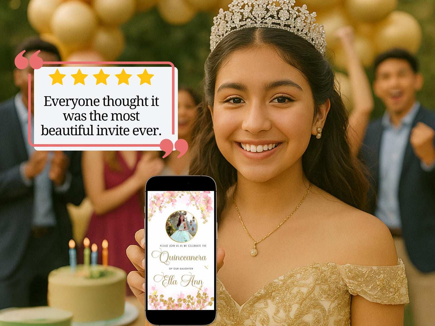Editable Quinceañera invitation video template designed for mobile phones. Includes animated text, music, and photo customization. Perfect for Sweet 15 or Sweet 16 birthdays. Share instantly via text, WhatsApp, email, or social media. A beautiful, stunning design ideal for modern celebrations. Delivered as MP4 download—no physical item.