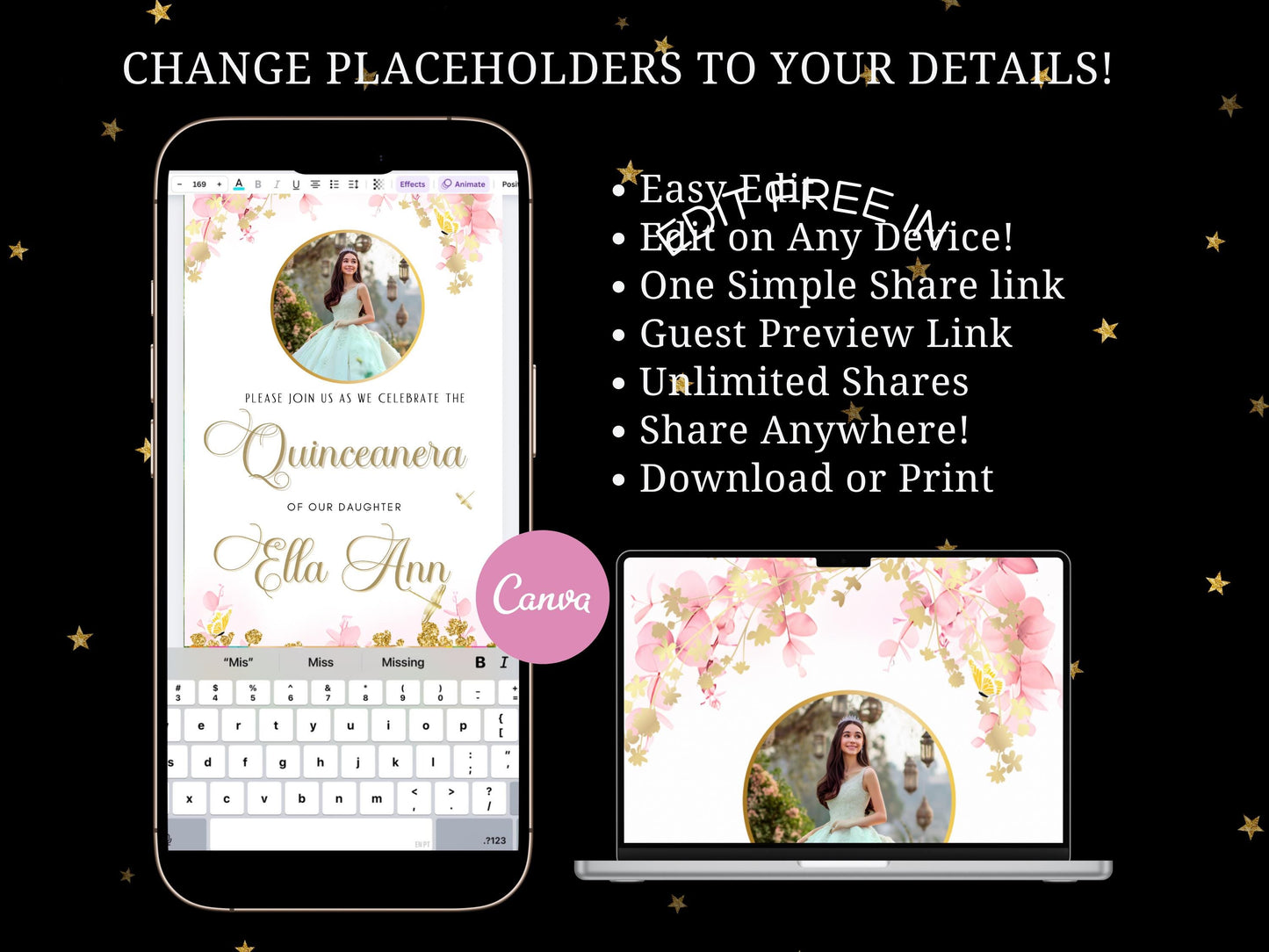 Editable Quinceañera invitation video template designed for mobile phones. Includes animated text, music, and photo customization. Perfect for Sweet 15 or Sweet 16 birthdays. Share instantly via text, WhatsApp, email, or social media. A beautiful, stunning design ideal for modern celebrations. Delivered as MP4 download—no physical item.