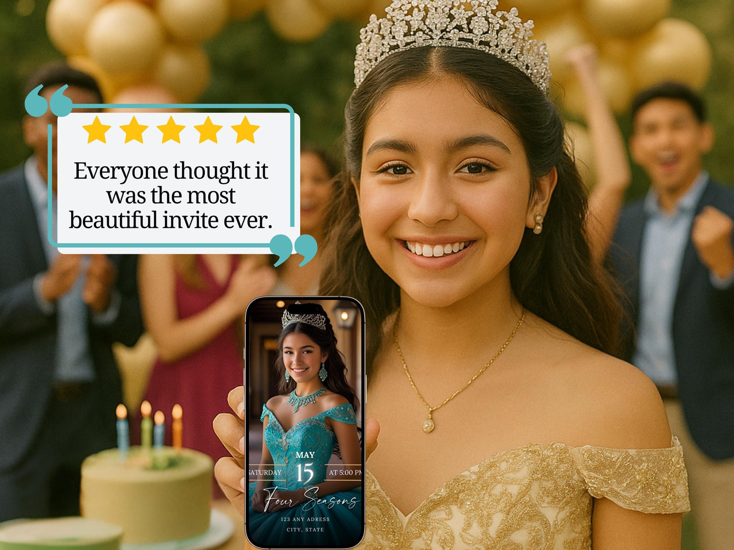 Editable Quinceañera invitation video template designed for mobile phones. Includes animated text, music, and photo customization. Perfect for Sweet 15 or Sweet 16 birthdays. Share instantly via text, WhatsApp, email, or social media. A beautiful, stunning design ideal for modern celebrations. Delivered as MP4 download—no physical item