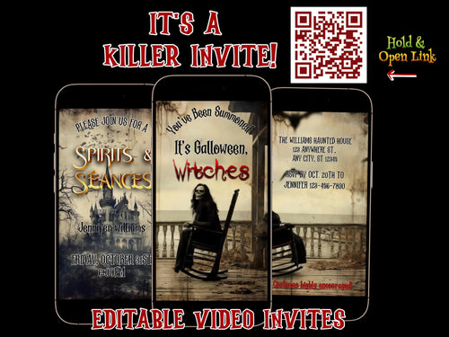 Editable Halloween video invitation with animated theme, customizable in Canva. Perfect for party invites.