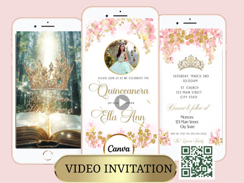 Editable Quinceañera invitation video template designed for mobile phones. Includes animated text, music, and photo customization. Perfect for Sweet 15 or Sweet 16 birthdays. Share instantly via text, WhatsApp, email, or social media. A beautiful, stunning design ideal for modern celebrations. Delivered as MP4 download—no physical item.