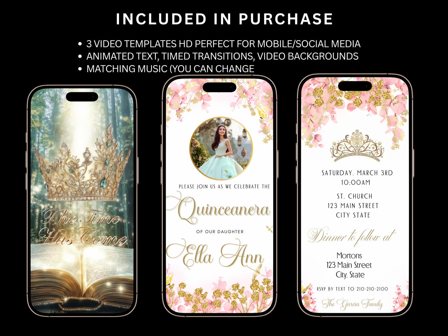 Editable Quinceañera invitation video template designed for mobile phones. Includes animated text, music, and photo customization. Perfect for Sweet 15 or Sweet 16 birthdays. Share instantly via text, WhatsApp, email, or social media. A beautiful, stunning design ideal for modern celebrations. Delivered as MP4 download—no physical item.