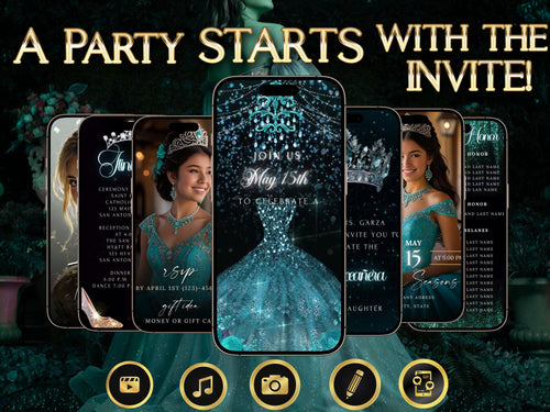 Editable Quinceañera invitation video template designed for mobile phones. Includes animated text, music, and photo customization. Perfect for Sweet 15 or Sweet 16 birthdays. Share instantly via text, WhatsApp, email, or social media. A beautiful, stunning design ideal for modern celebrations. Delivered as MP4 download—no physical item