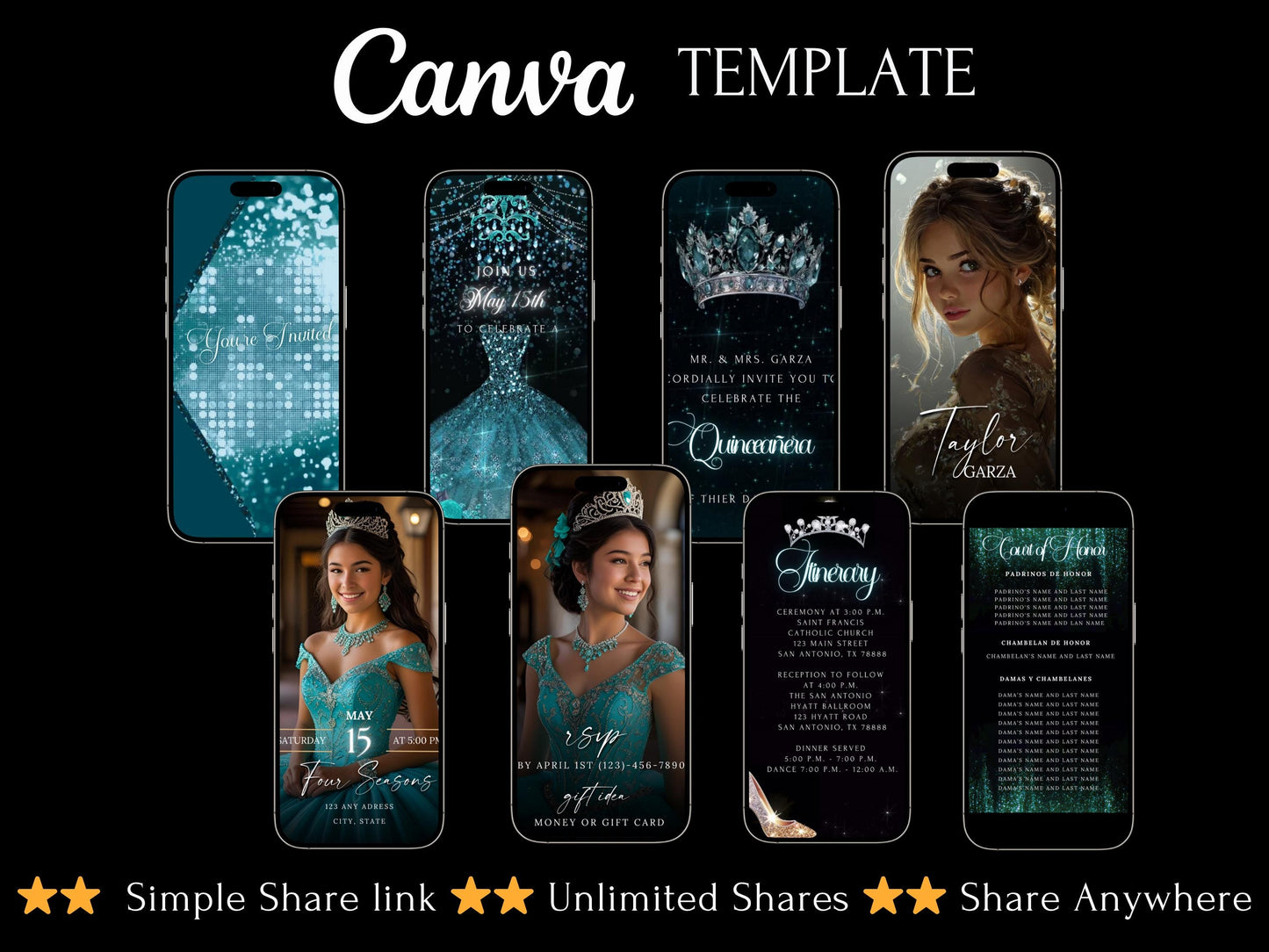 Editable Quinceañera invitation video template designed for mobile phones. Includes animated text, music, and photo customization. Perfect for Sweet 15 or Sweet 16 birthdays. Share instantly via text, WhatsApp, email, or social media. A beautiful, stunning design ideal for modern celebrations. Delivered as MP4 download—no physical item