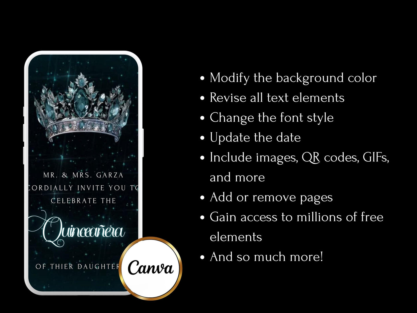 Editable Quinceañera invitation video template designed for mobile phones. Includes animated text, music, and photo customization. Perfect for Sweet 15 or Sweet 16 birthdays. Share instantly via text, WhatsApp, email, or social media. A beautiful, stunning design ideal for modern celebrations. Delivered as MP4 download—no physical item