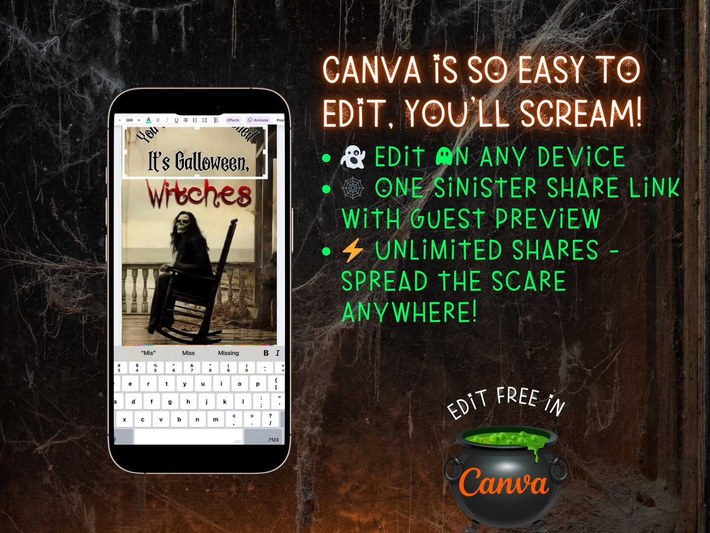 Editable Halloween video invitation with animated theme, customizable in Canva. Perfect for party invites.