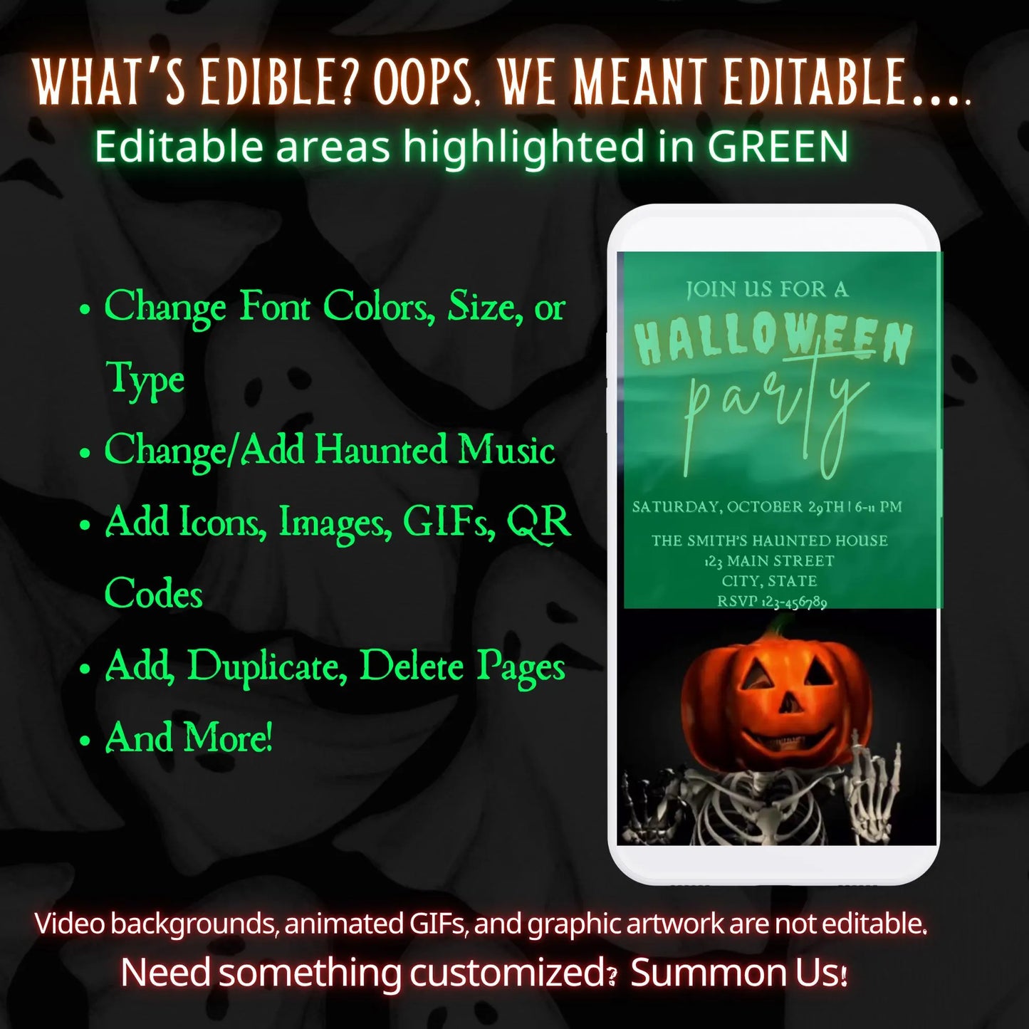 Animated Halloween video invitation with pumpkin-head skeleton dancing under disco lights, featuring a retro boom box and glowing Halloween graphics.