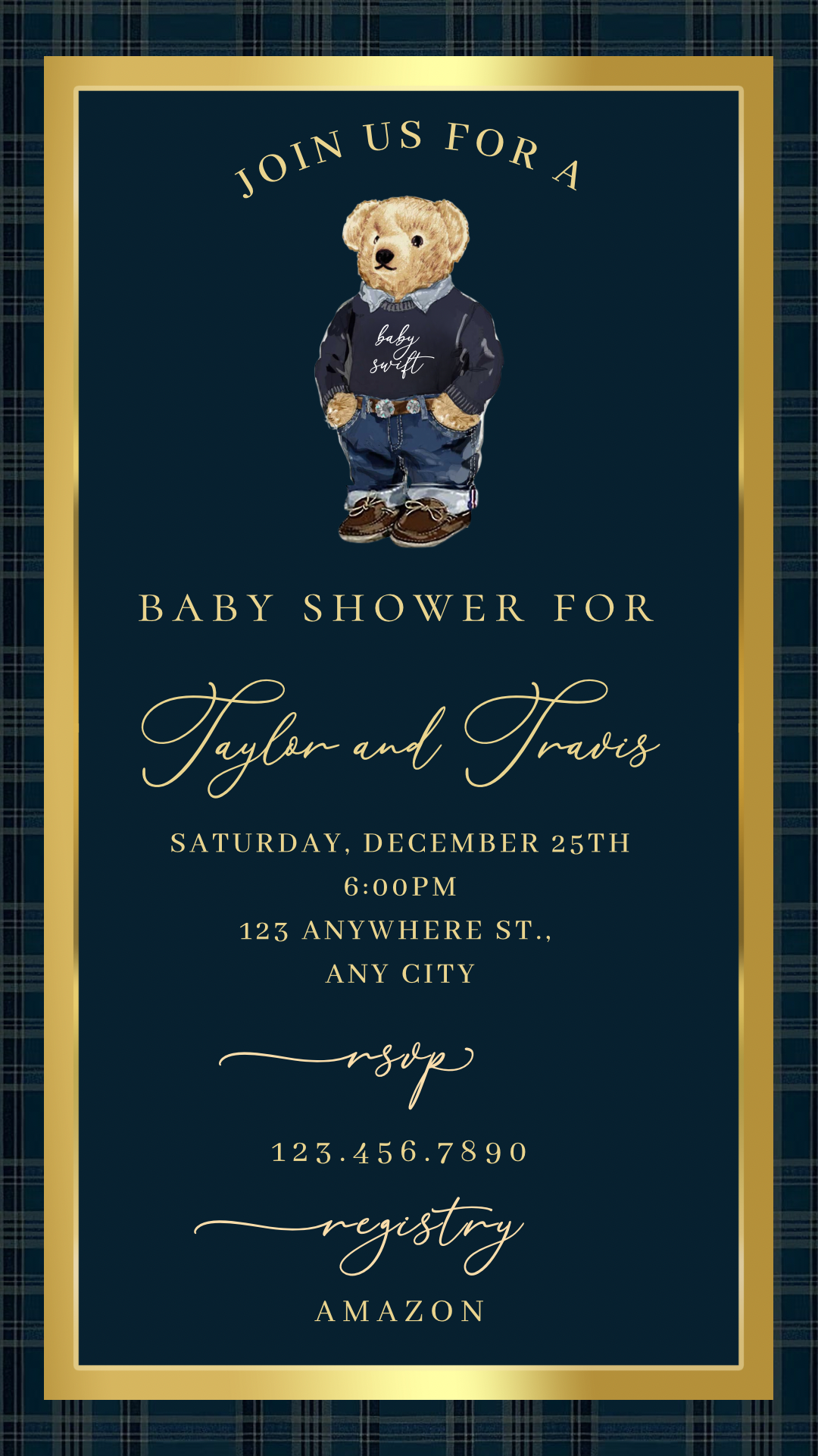 Polo Bear Baby Shower Video Invitation | Digital Preppy Plaid Invite
