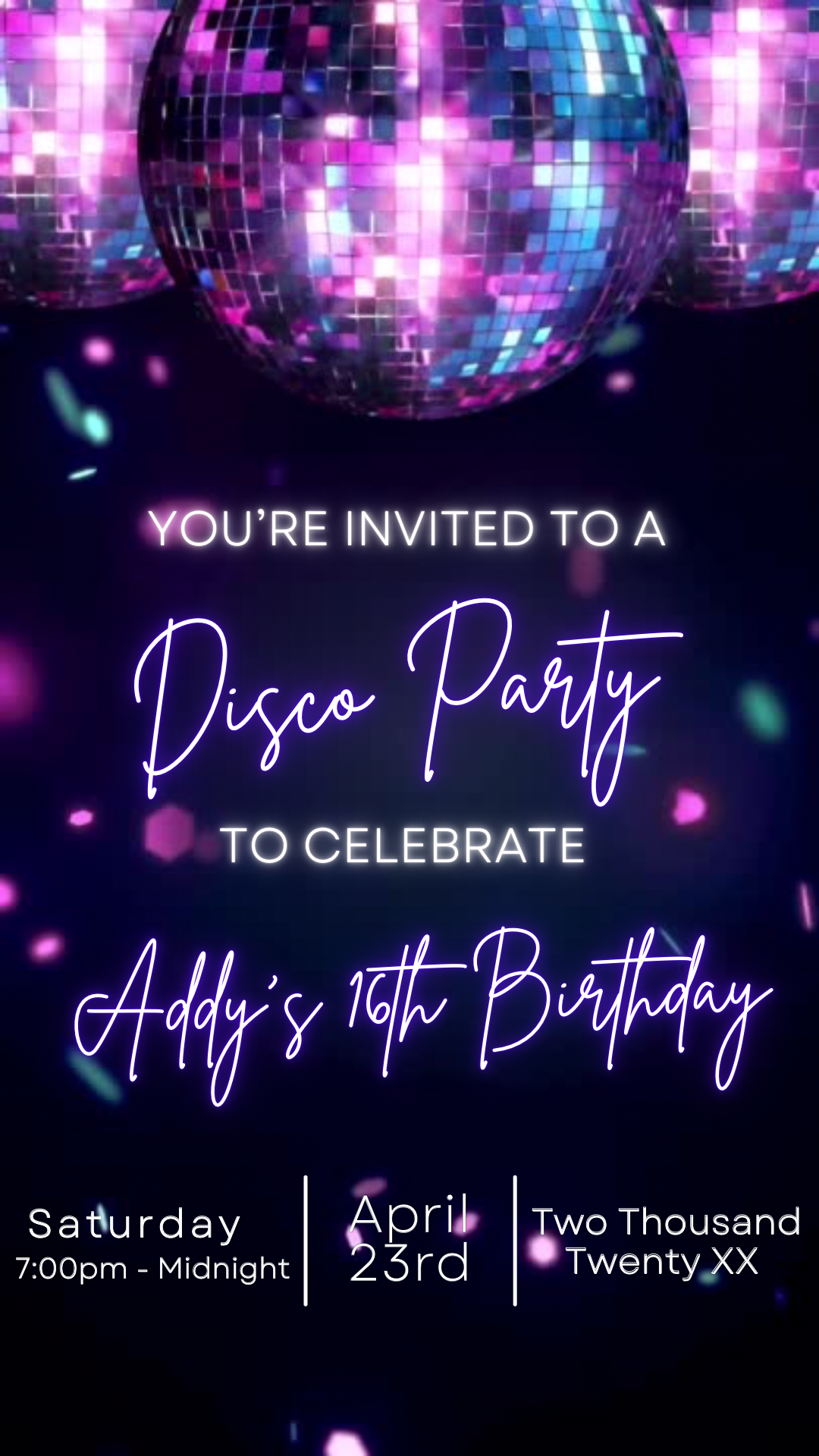 Editable Euphoria disco birthday video invitation with neon purple lights, glowing disco ball, and retro script fonts. Perfect for 70s and Y2K-themed parties, bachelorettes, and milestone birthdays. 1080x1920 vertical Canva template, easy to customize and share via text or social.