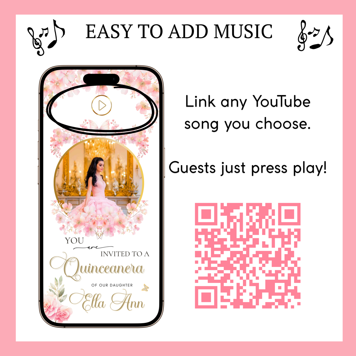 Pink Floral Quinceanera Website Invite |  Sweet 15 16 Evite RSVP Video Invitation | Canva Template