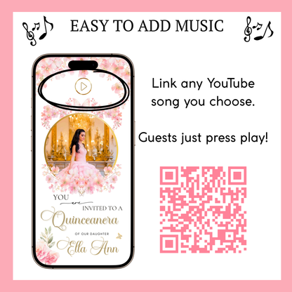 Pink Floral Quinceanera Website Invite |  Sweet 15 16 Evite RSVP Video Invitation | Canva Template