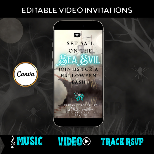 Halloween-Videoeinladung, animierte Einladung mit Geisterschiff-Motiv, bearbeitbare mobile Halloween-Party-Einladung