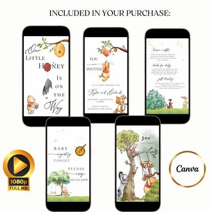Klassische Winnie-Puuh-Babyparty-Videoeinladung | Geschlechtsneutrales Design | Digitale Babyparty-Einladung | Online-Vorlage zum Bearbeiten