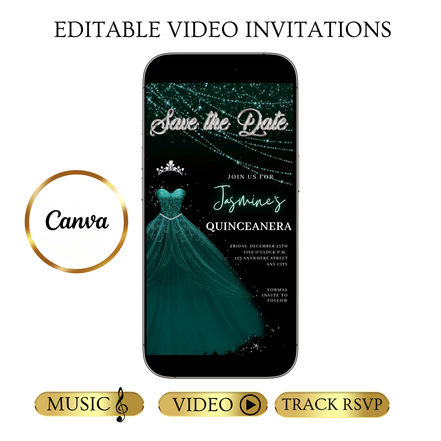 Teal Green Quinceanera Video Invite | Sweet 15 16 Quince RSVP Tracker | Editable Save the Date Canva Evite Template