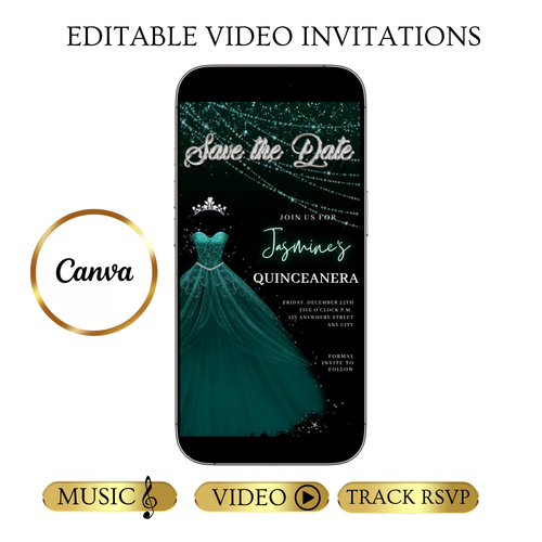 Teal Green Quinceanera Video Invite | Sweet 15 16 Quince RSVP Tracker | Editable Save the Date Canva Evite Template