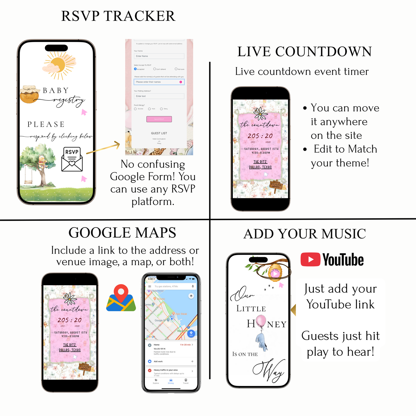 Winnie the Pooh Baby Shower Website with RSVP | Pink Girl Canva Template Invite